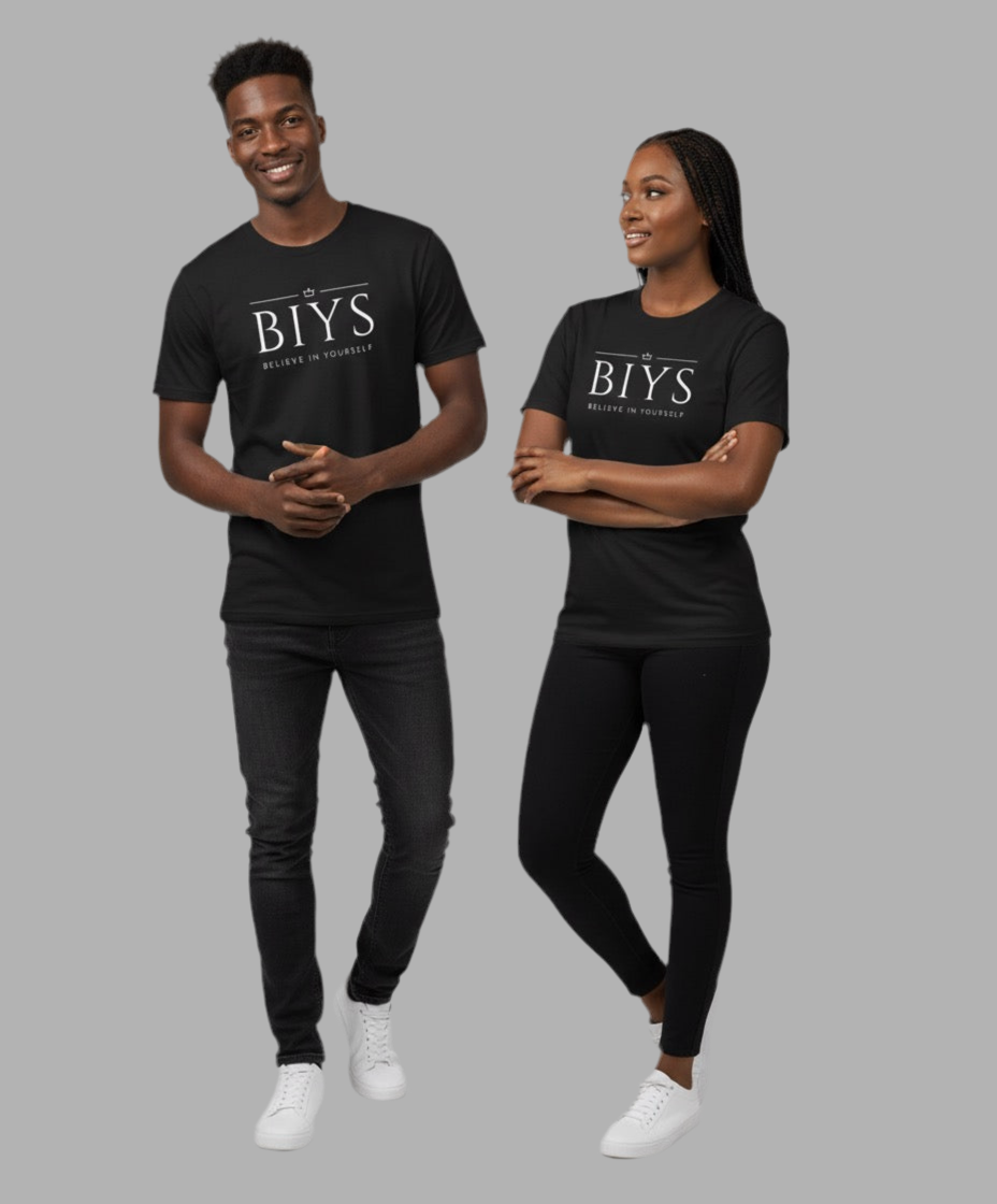 Black shirt with white BIYS Original logo