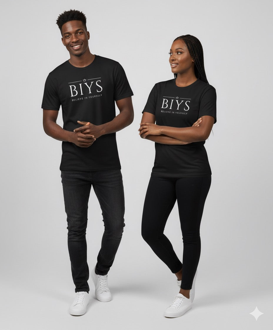 Black shirt with white BIYS Original logo
